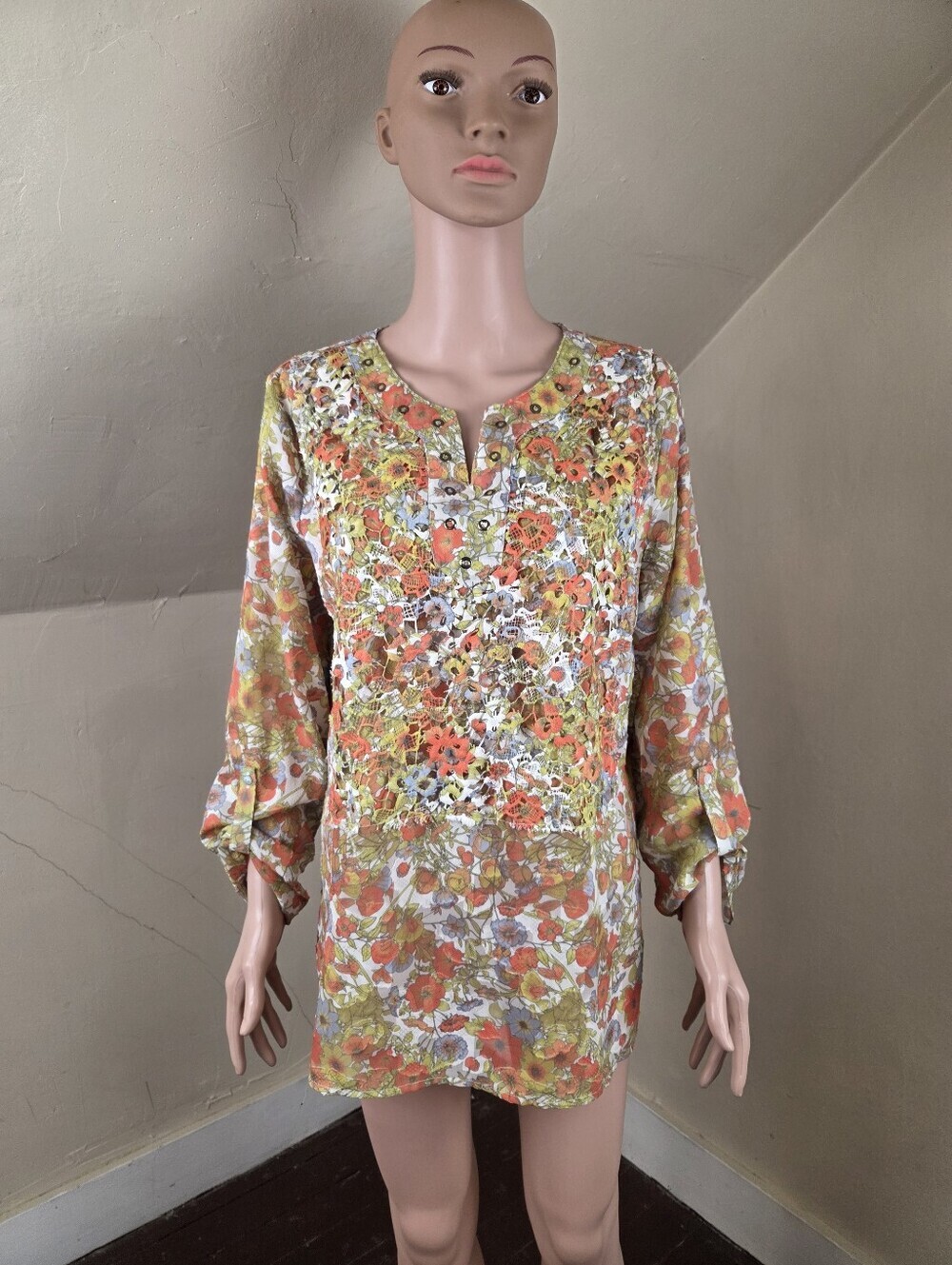 Multiples Floral Lace Front Blouse Women's L Sheer 3/4 Sleeve Boho Tunic Top